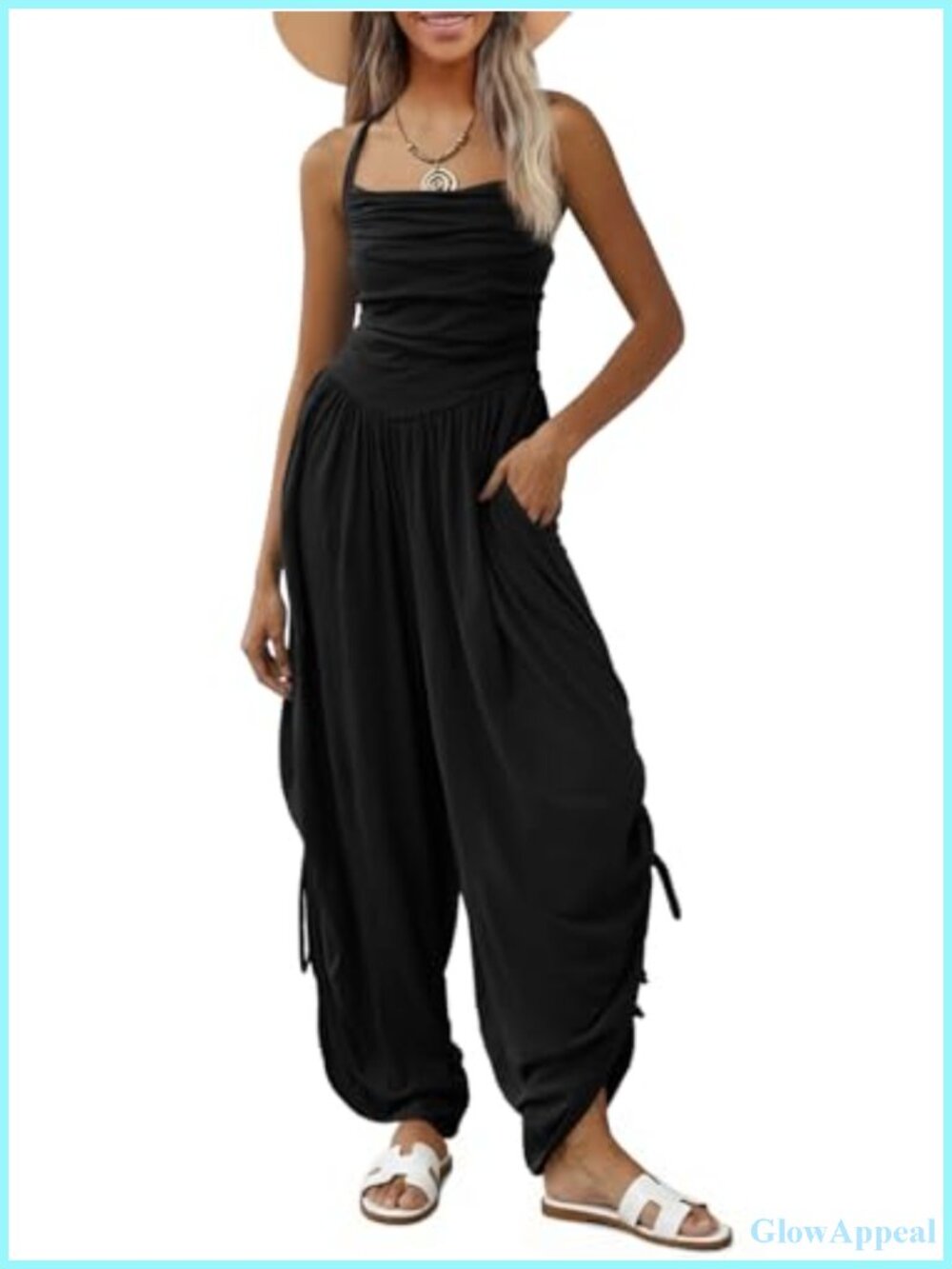 Women's Halter Square Neck Ruched Barrel Leg Jumpsuit Side Cinch Pockets